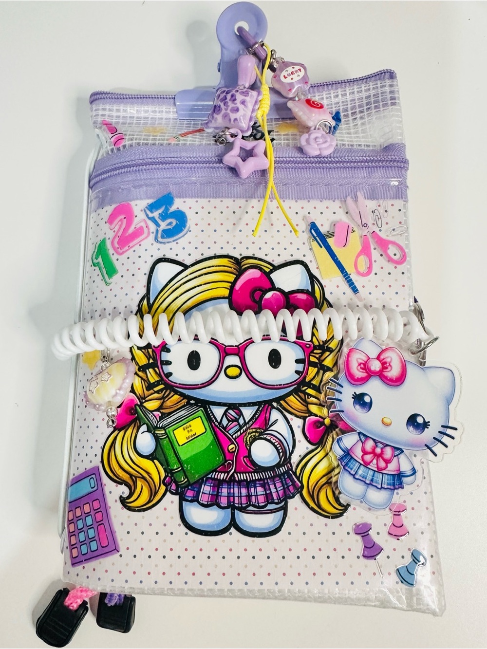 Hello Kitty Lilac Clear School Pencil Pouch with Charms added a paper clip charm
